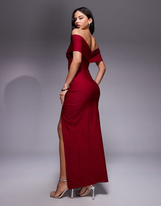 Vesper - Robe longue en bengaline avec épaules dénudées et détail croisé à l'avant - Bordeaux, 3 de 4