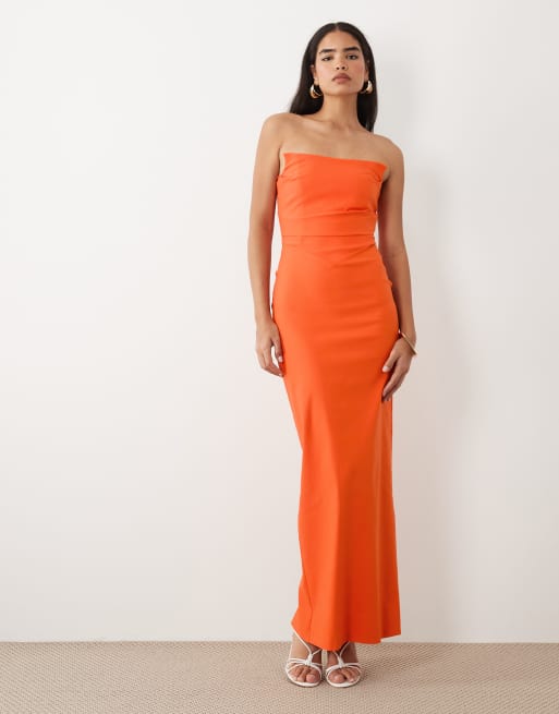 Vesper - Robe longue en bengaline froncée devant à bords carrés - Orange, 2 de 4