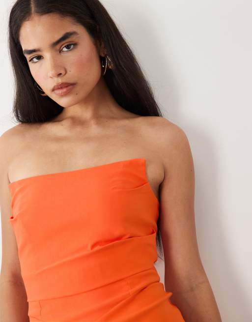 Vesper - Robe longue en bengaline froncée devant à bords carrés - Orange, 3 de 4