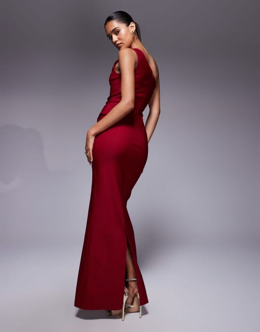 Vesper - Robe longue froncée en bengaline coupe asymétrique et taille drapée - Lie-de-vin, 4 de 4