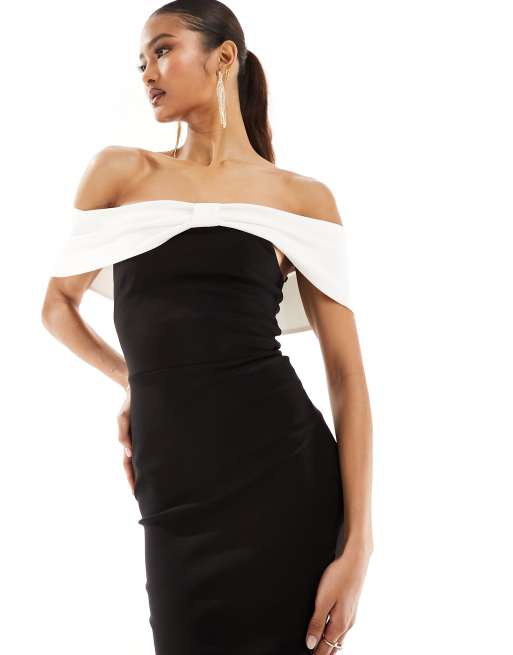Vesper - Robe longueur mollet avec nœud blanc contrastant effet Bardot - Noir, 3 de 4