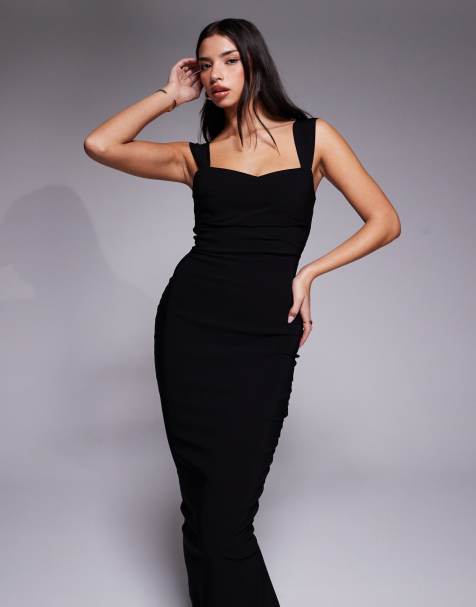 Vesper - Robe longueur mollet en bengaline à décolleté en cœur et fronces devant - Noir - view 1