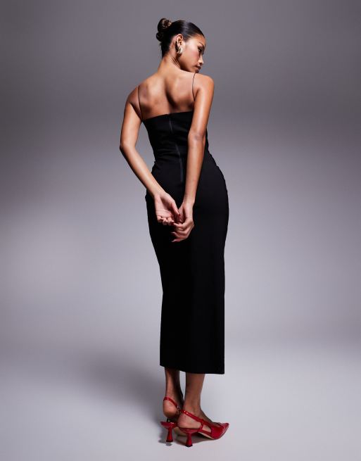 Vesper - Robe longueur mollet en bengaline à fines bretelles et décolleté cœur - Noir, 4 de 4