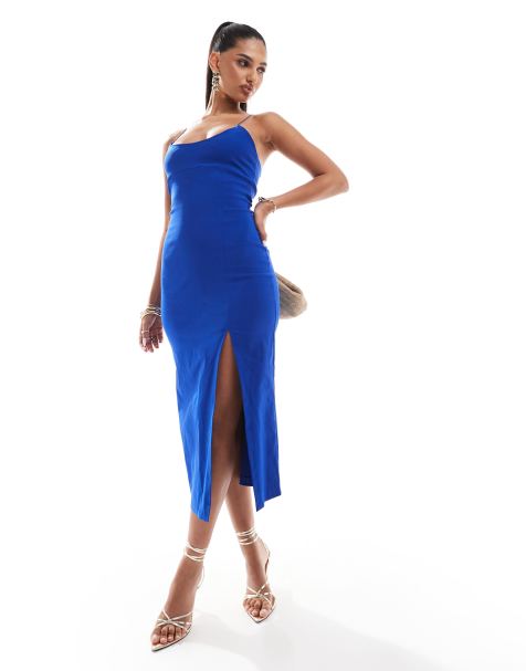 Vesper - Robe longueur mollet en bengaline avec bretelles croisées dans le dos - Bleu cobalt - view 1
