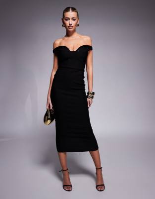 Vesper - Robe longueur mollet en bengaline avec décolleté en cœur - Noir - view 1