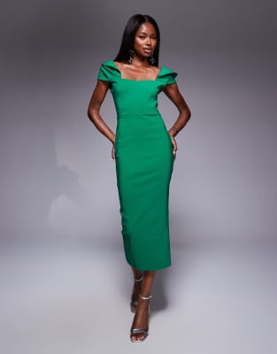 Robe longueur mollet en bengaline avec manches drapées et encolure Bardot - Émeraude-Vert 36