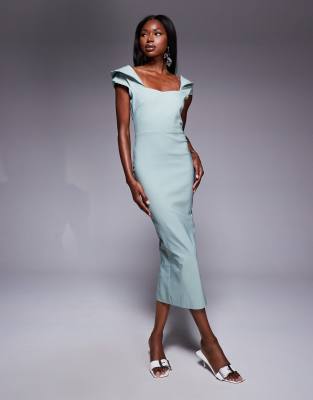 Vesper - Robe longueur mollet en bengaline avec manches drapées et encolure Bardot - Sauge - view 1