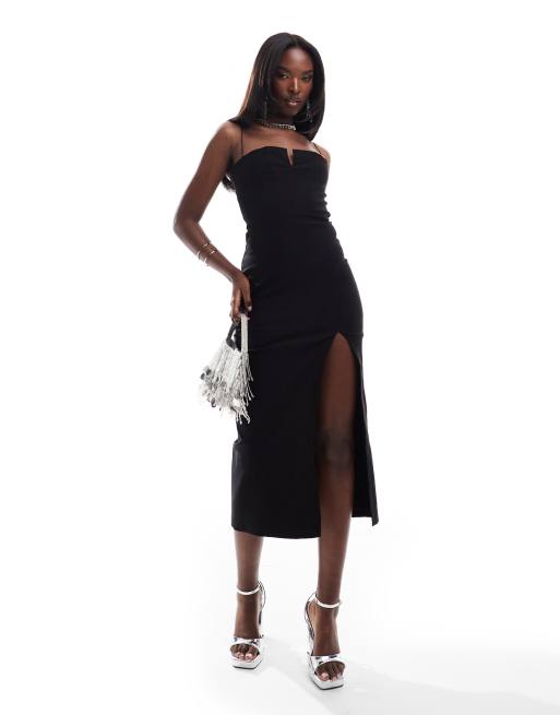 Vesper - Robe mi-longue à bretelles fines et encolure crantée avec cuisse fendue - Noir