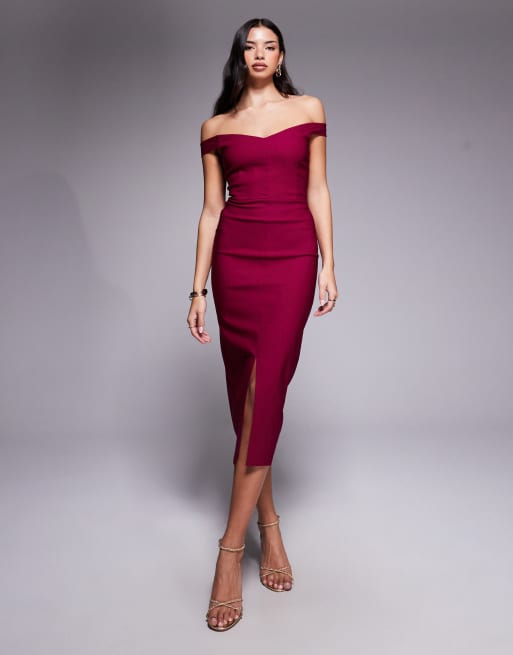 Vesper - Robe mi-longue en bengaline à encolure Bardot en cœur et fente sur le devant - Baie, 3 de 4