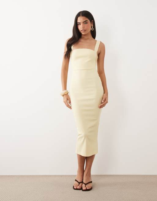 Vesper - Robe mi-longue en bengaline à encolure carrée et empiècement en tulle - Citron, 2 de 4