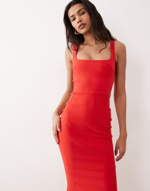 Vesper - Robe mi-longue sans manches en bengaline à ourlet plongeant et encolure carrée - Rouge, 2 de 4
