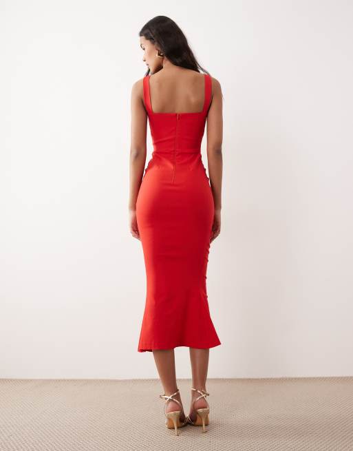 Vesper - Robe mi-longue sans manches en bengaline à ourlet plongeant et encolure carrée - Rouge, 3 de 4