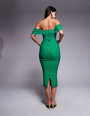 Vesper bengaline bardot off shoulder bodycon midaxi dress in emerald