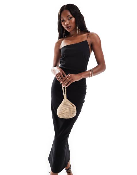 Vesper - Robe moulante longueur mollet asymétrique en bengaline - Noir - view 1