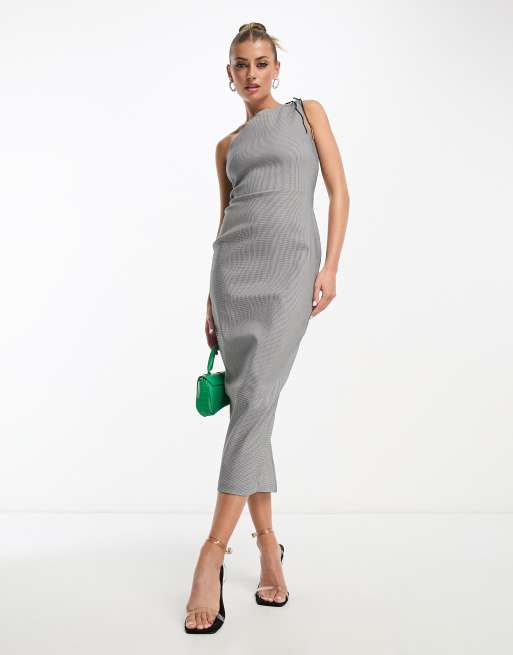 Vesper - Robe moulante mi-longue asymétrique en bengaline à motif pied-de-poule - Noir et blanc