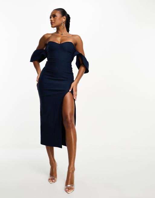 Vesper - Robe moulante mi-longue en bengaline avec fente sur la cuisse et manches évasées et encolure en cœur - Bleu marine