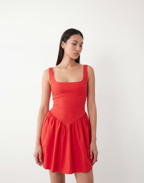 Vesper - Robe patineuse courte en bengaline à encolure carrée - Rouge - view 1