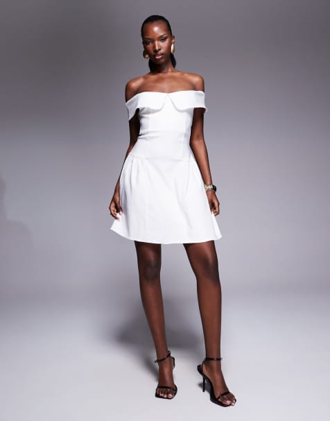 Vesper - Robe patineuse courte en bengaline avec encolure Bardot rabattue - Blanc - view 1