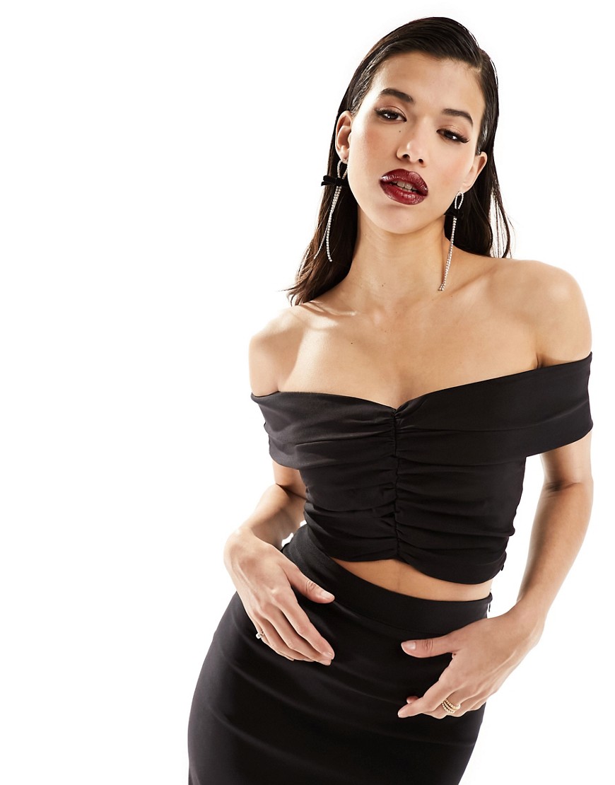 ruched bardot crop top in black - part of a set