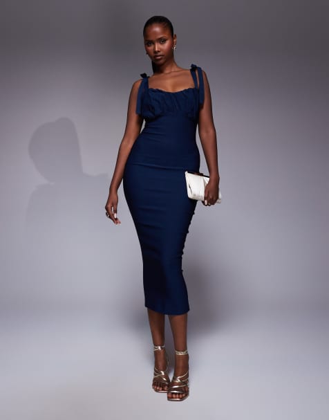 Vesper Ruched bust bodycon midaxi dress in navy