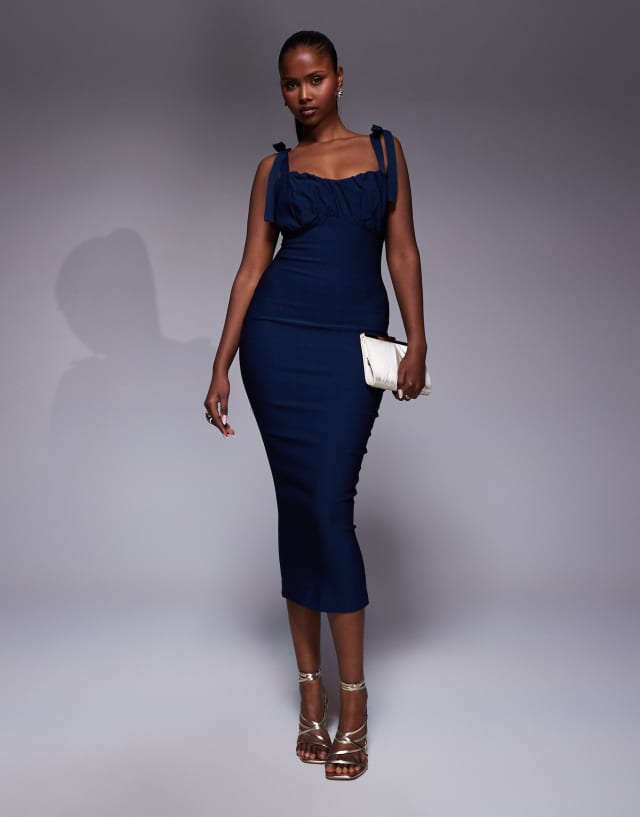 ruched bust bodycon dress Vesper midaxi in navy ready finish Women's blue and tan FRAME OPTION:Black Matte Metal Frame bride dress game Formal dress