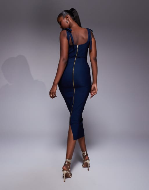 Vesper Ruched bust bodycon midaxi dress in navy, 4 of 4