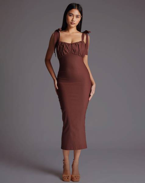 Vesper Ruched bust tie strap midaxi dress in chocolate - view 1