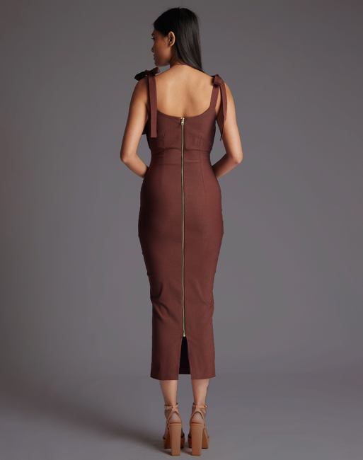 Vesper Ruched bust tie strap midaxi dress in chocolate, 2 of 4