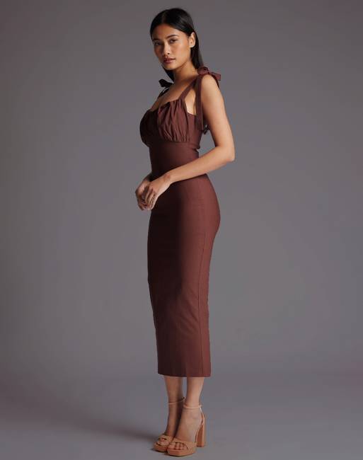 Vesper Ruched bust tie strap midaxi dress in chocolate, 3 of 4