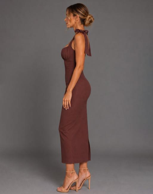 Vesper Ruched bust tie strap midaxi dress in chocolate, 5 of 5