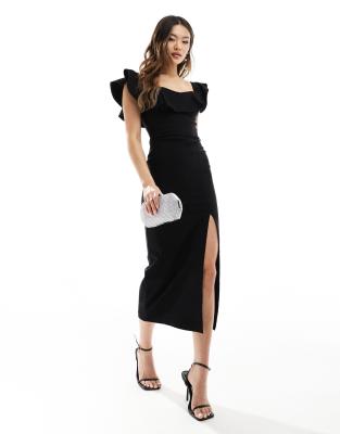 Vesper Ruffle Sleeve Side Slit Midi Dress In Black