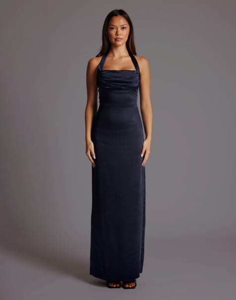 Vesper Satin cowl halter neck maxi dress in navy - view 1