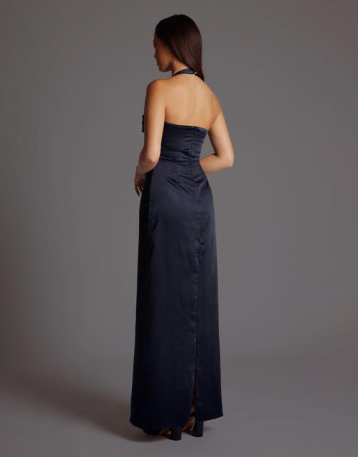 Vesper Satin cowl halter neck maxi dress in navy, 2 of 4