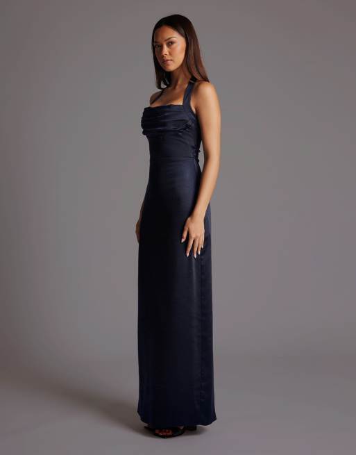 Vesper Satin cowl halter neck maxi dress in navy, 3 of 4