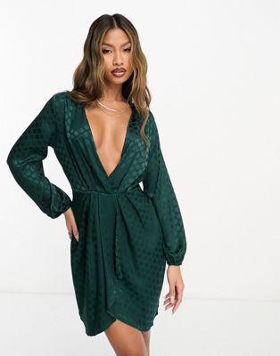 Vesper satin mini long sleeve dress in dark green - ASOS Price Checker