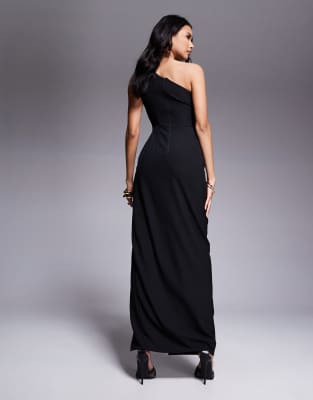 Vesper Satin One Shoulder Contrast Maxi Dress In Black
