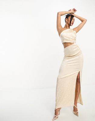 Vesper satin one shoulder cut out maxi dress in cream jacquard - ASOS Price Checker