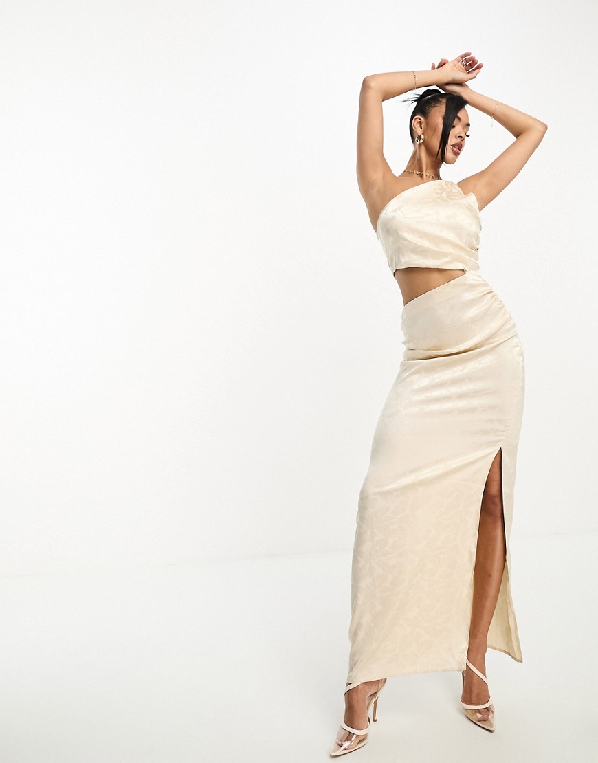 Vesper Satin One Shoulder Cut Out Maxi Dress In Cream Jacquard-white