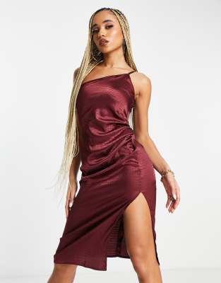 Vesper Satin One Shoulder Midi Dress In Wine-purple