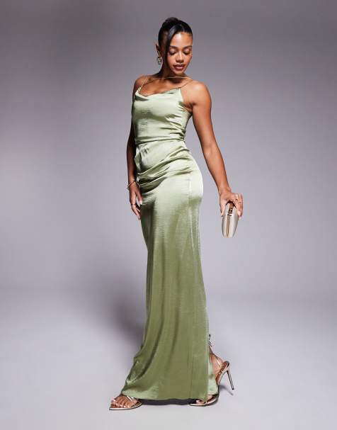 Vesper Satin strappy maxi dress with split in khaki