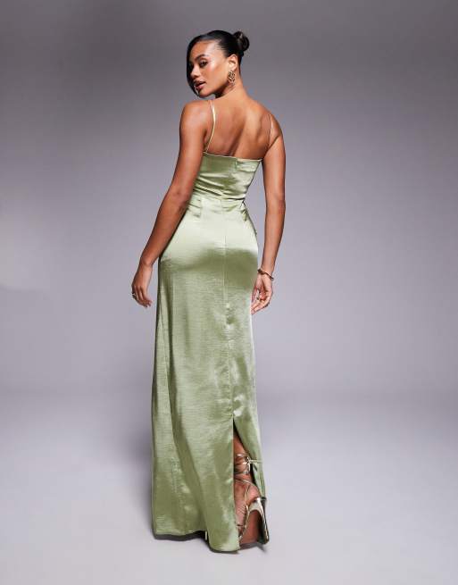 Vesper Satin strappy maxi dress with split in khaki, 4 of 4