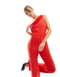 Vesper satin trim one shoulder wide leg jumpsuit in red