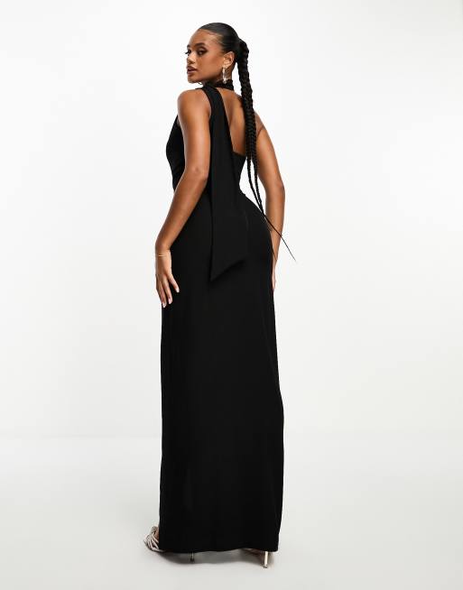 Vesper scarf detail thigh split maxi dress in black