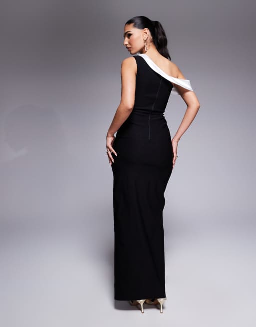 Vesper – Schulterfreies Bengaline-Maxikleid aus Satin in Schwarz-Weiß mit Drapierung, 3 von 4