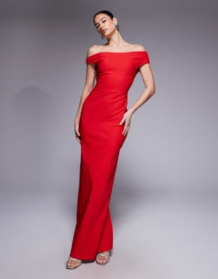 Vesper - Schulterfreies Bengaline-Maxikleid in Rot