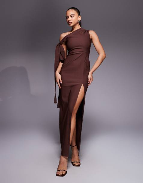 Vesper – Schulterfreies Bengaline-Maxikleid in Schokobraun mit Drapierung - view 1