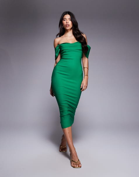 Vesper – Schulterfreies, figurbetontes Midaxi-Kleid aus Bengaline in Smaragdgrün mit Carmen-Ausschnitt - view 1