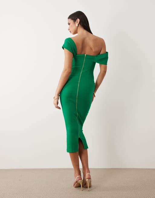 Vesper – Schulterfreies, figurbetontes Midaxi-Kleid aus Bengaline in Smaragdgrün mit Carmen-Ausschnitt, 3 von 4