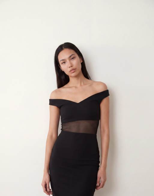 Vesper – Schulterfreies Maxikleid aus Bengaline in Schwarz mit Herzausschnitt und Netzstoffeinsatz, 2 von 4