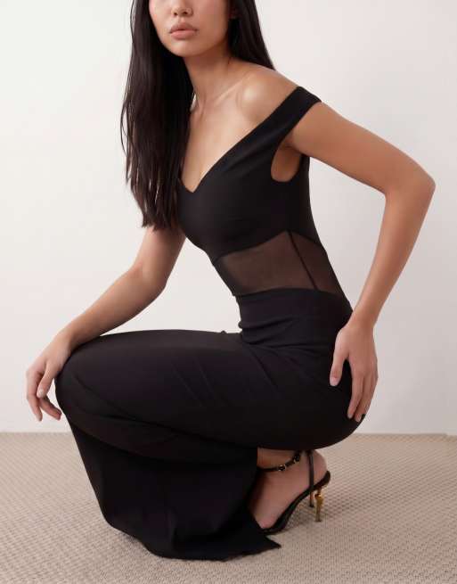 Vesper – Schulterfreies Maxikleid aus Bengaline in Schwarz mit Herzausschnitt und Netzstoffeinsatz, 4 von 4